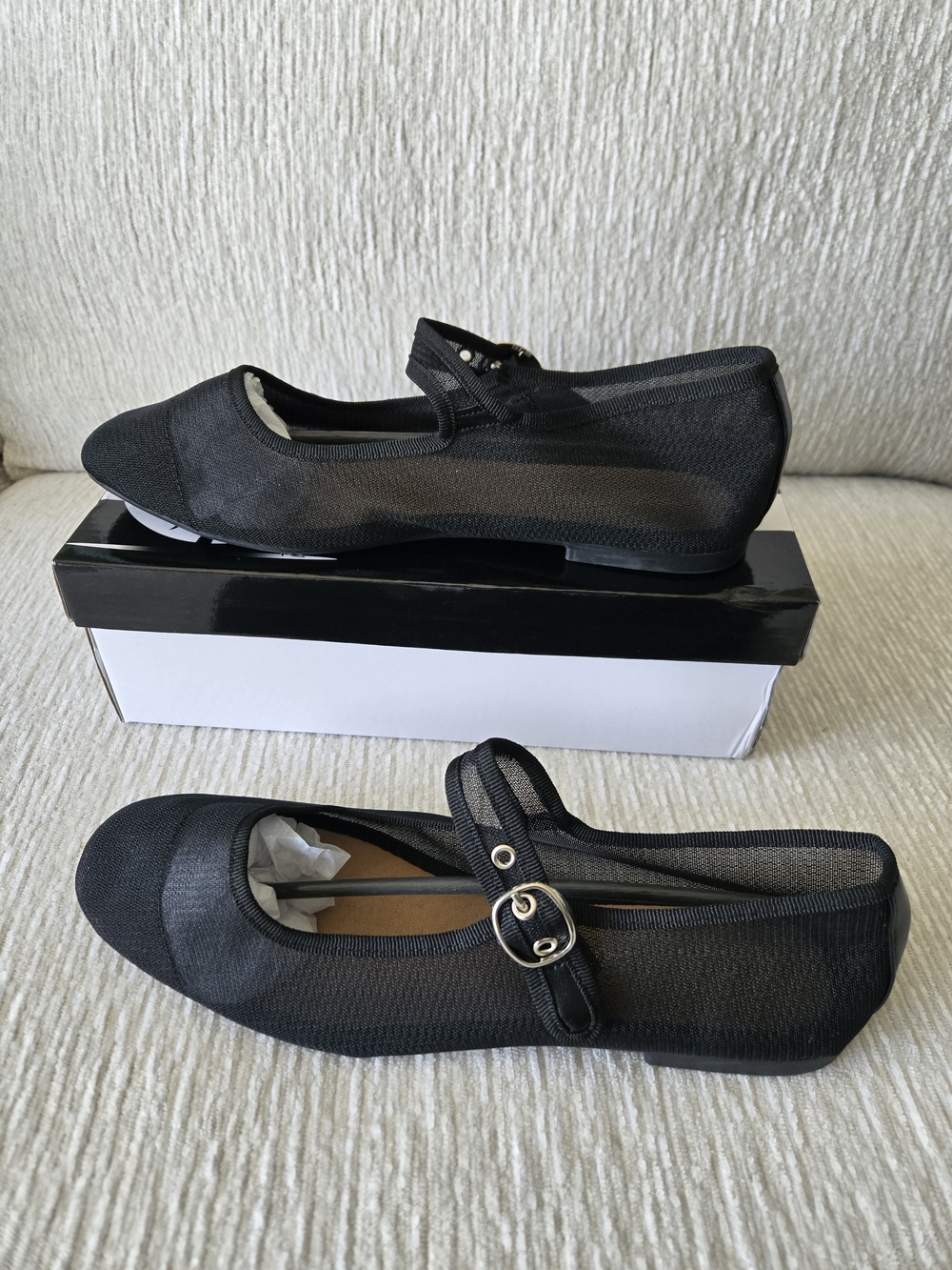 Black Mesh Mary Jane Flats with Buckle Strap